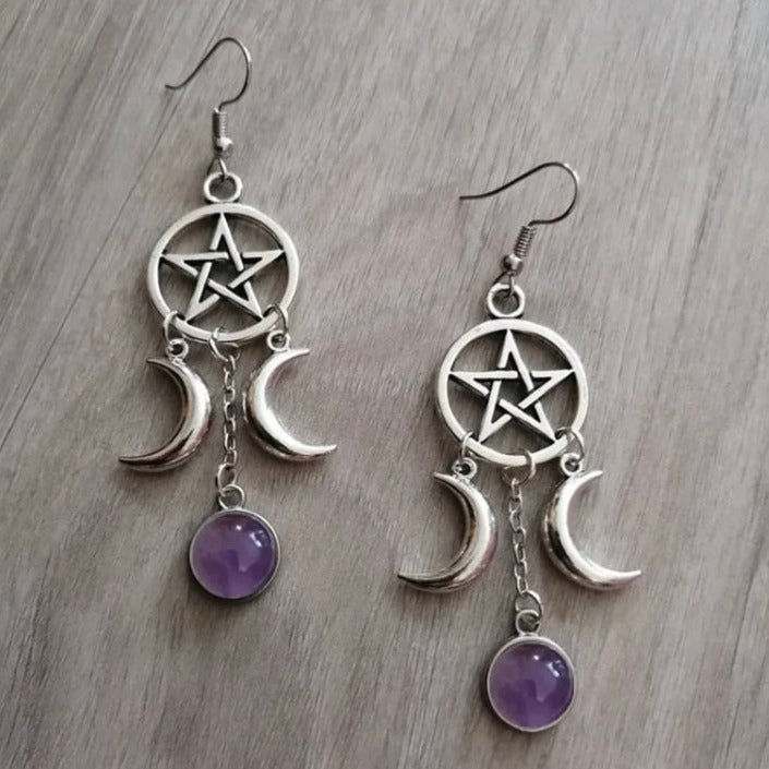 Pentagram, Amethyst and Crescent Moon Earrings