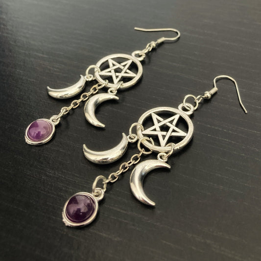 Pentagram, Amethyst and Crescent Moon Earrings