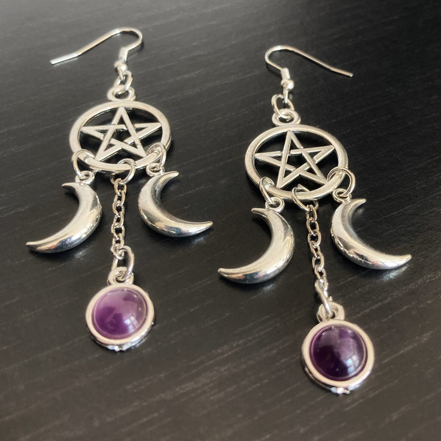 Pentagram, Amethyst and Crescent Moon Earrings