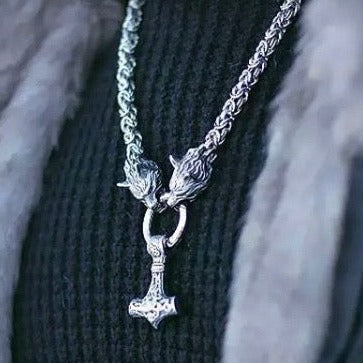 Thor's Hammer and Fenrir Wolf Chain Pendant