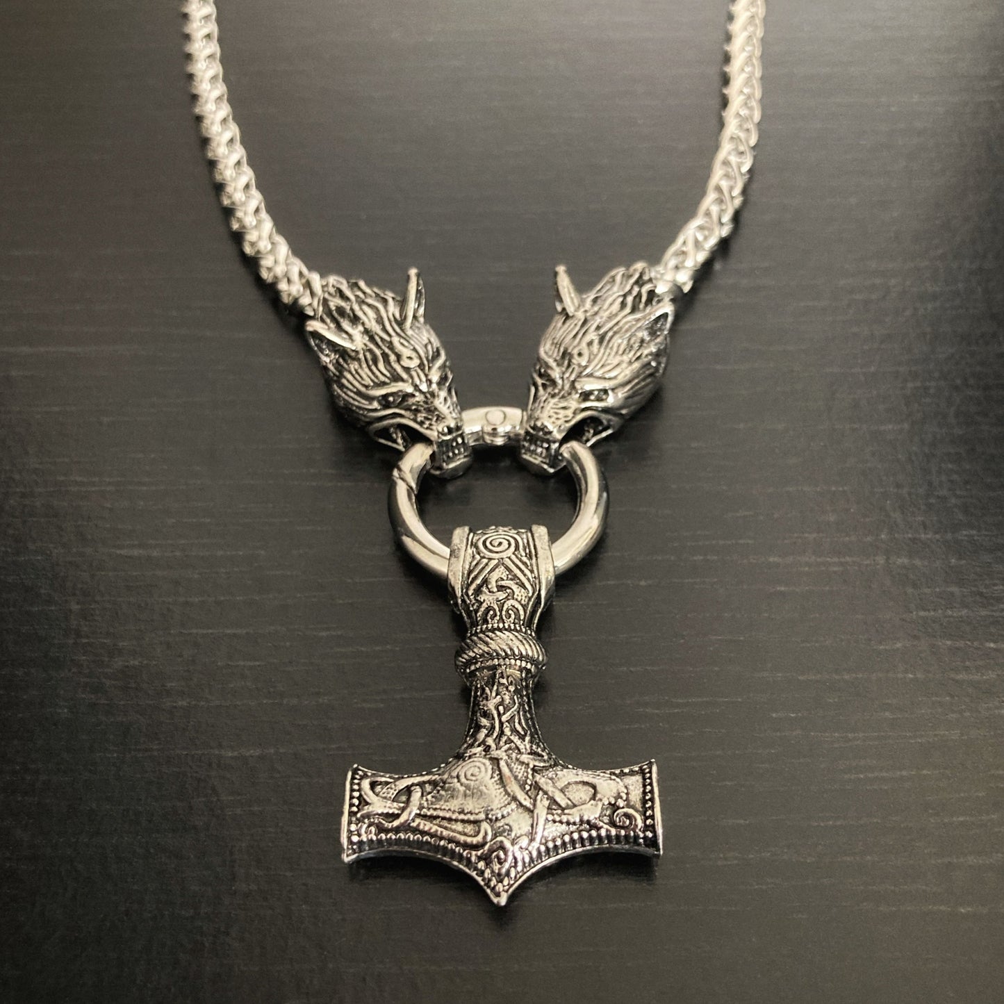 Thor's Hammer and Fenrir Wolf Chain Pendant