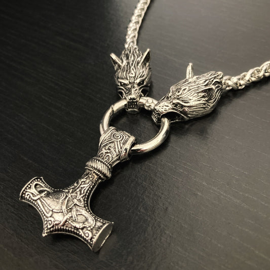 Thor's Hammer and Fenrir Wolf Chain Pendant