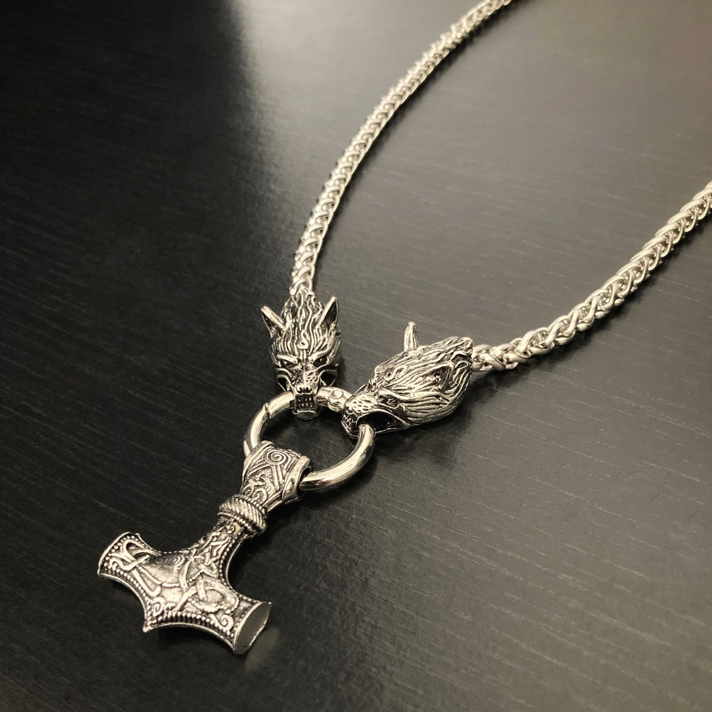 Thor's Hammer and Fenrir Wolf Chain Pendant