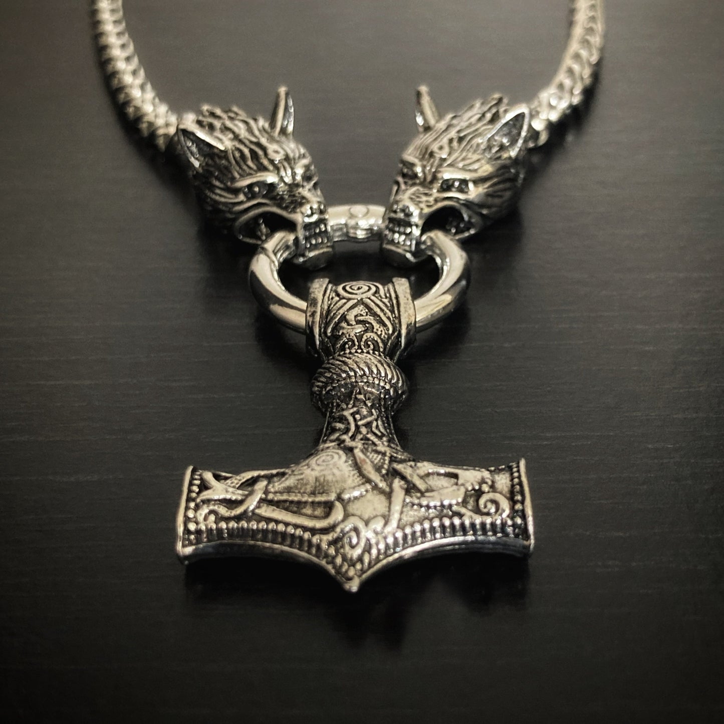 Thor's Hammer and Fenrir Wolf Chain Pendant