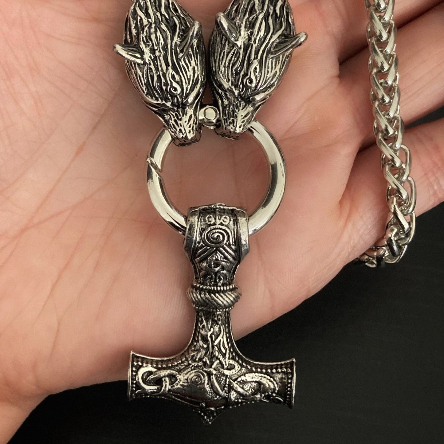 Thor's Hammer and Fenrir Wolf Chain Pendant