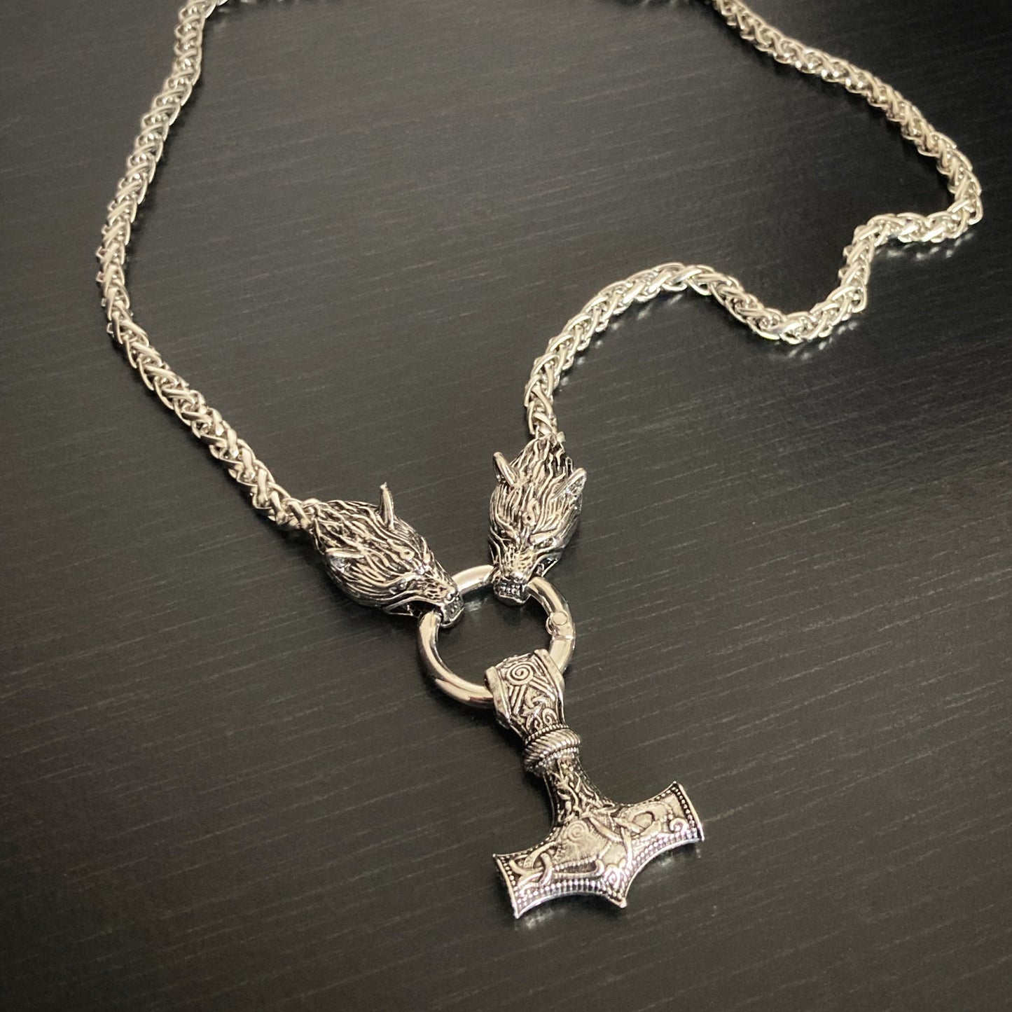 Thor's Hammer and Fenrir Wolf Chain Pendant