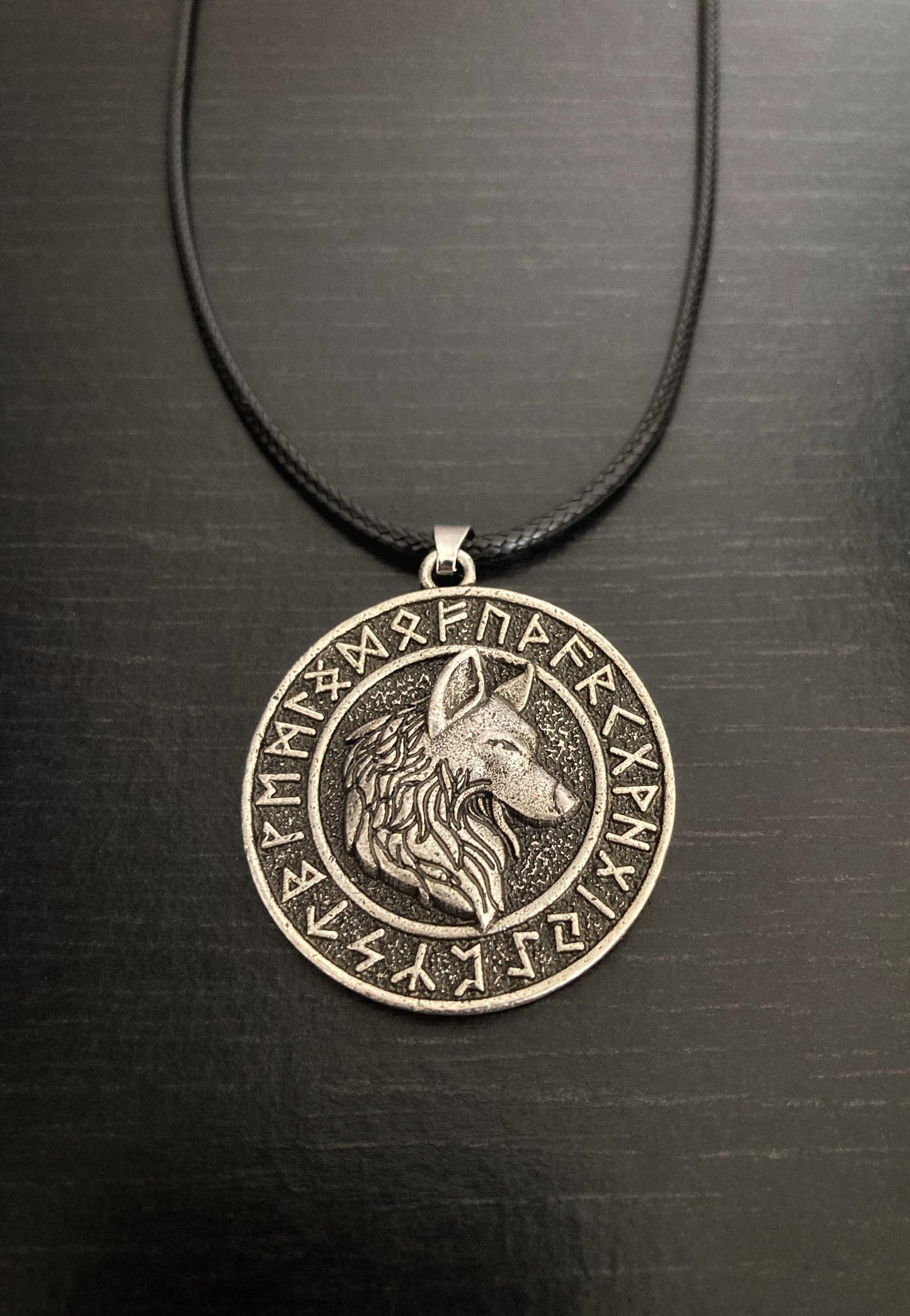 Runes and Fenrir Wolf Double Sided Pendant