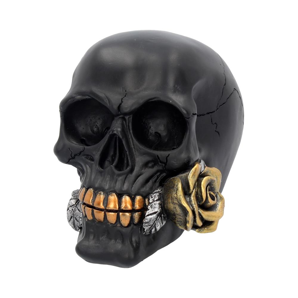 A close up view of a skull with a gold rose in its mouth. The skull is black with gold teeth and has cracks around the side of it. There are no eyes or nose with hollowed out sockets for these instead.