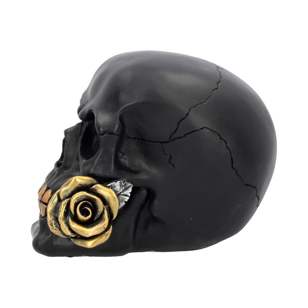 A side view of a black skull shows the detailing of the cracks on the side of it and the stunning detailing of the gold rose in its mouth which is on full bloom with a silver petal attached to it.