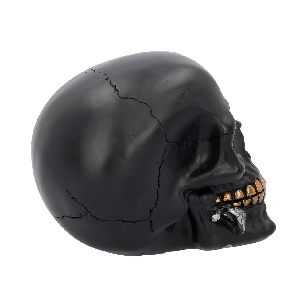 A black skull is sitting on a white background. This is a view of the right side of of the head where you can see shiny gold teeth with a silver metallic leaf clenched in them. The eye socket is hollowed out and a large crack goes around the skull.