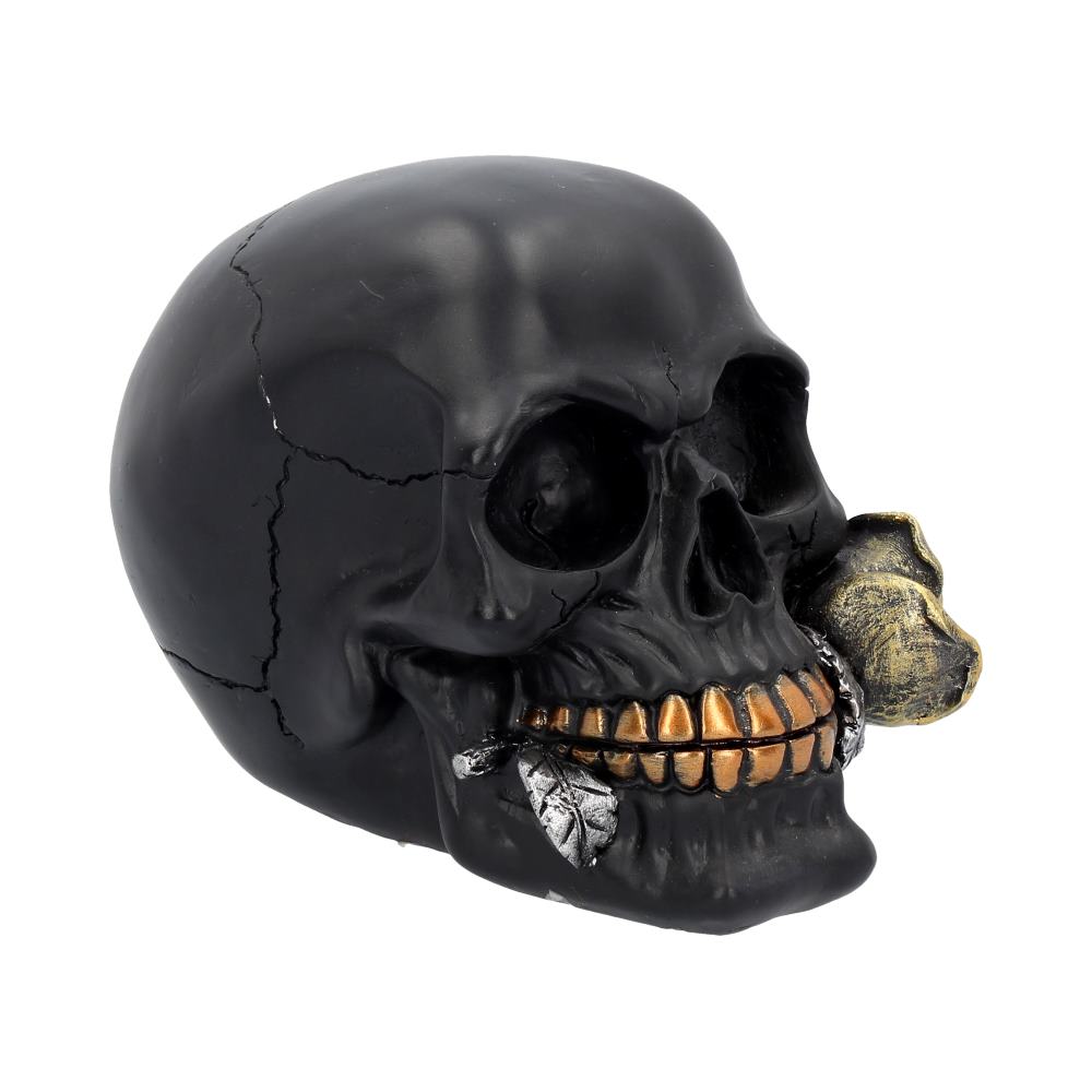 A black skull is sitting angled with gold coloured teeth that are clenched with a gold rose between them. There are silver leaves showing out the other side of the mouth to the rose and the skull has hollowed out eyes and nose.