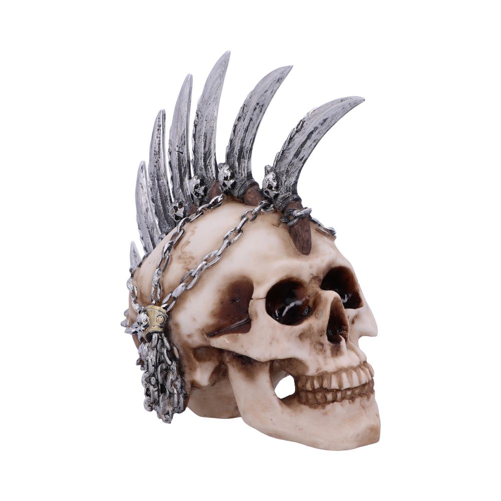 An angled view of a skull featuring a metallic mohawk. The jaw is clenched into a grimace and the eyes and nose cavitys are hollowed out. The cheekbones are sunken in and you can see into the gaping holes there.
