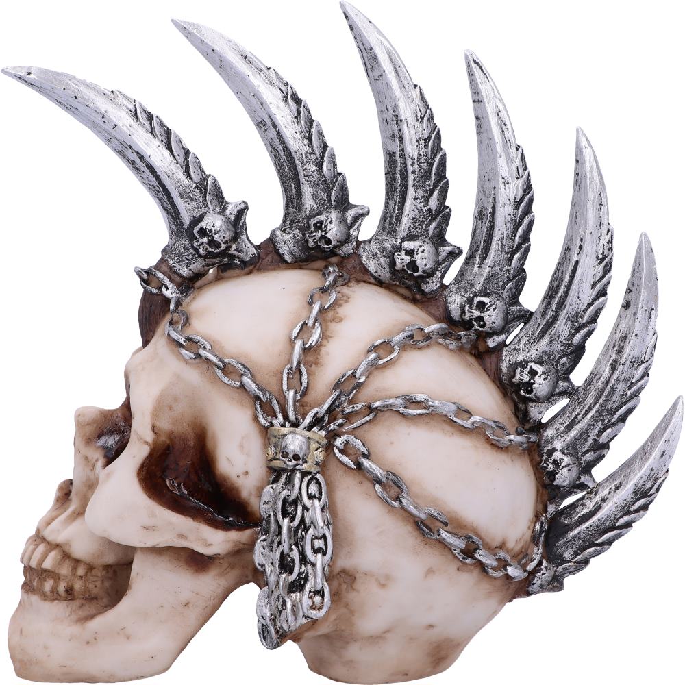 A side view of a skull which has a metallic mohawk. There are 7 spikes all of which have little skulls sitting between them. There are 5 chains coming off of the mohawk that go down the side of the skull and join into a linked chain at the bottom.