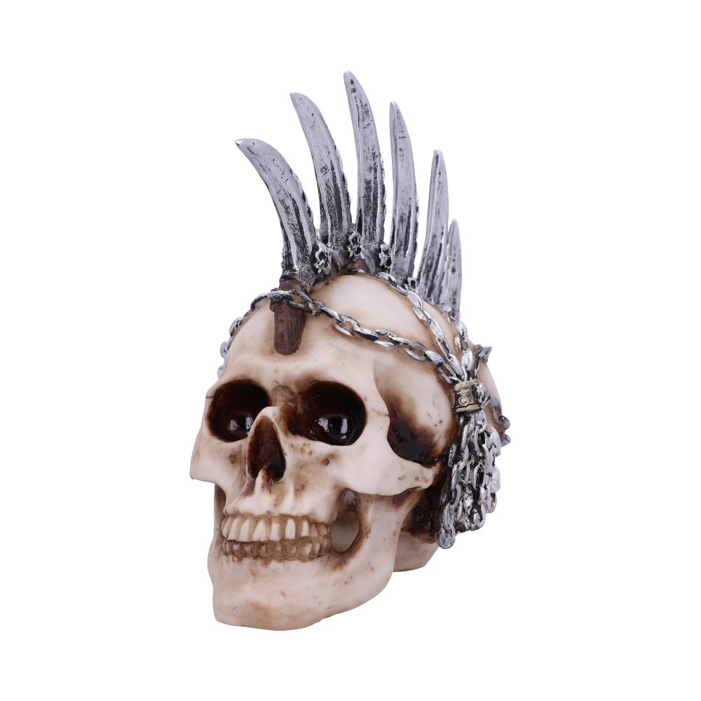 A pale skull is sitting with a clenched jaw. On top of its head is a metallic mohawk that features several blades sticking upright. These are attached to a chain which goes across the front of the skull and then down the sides.