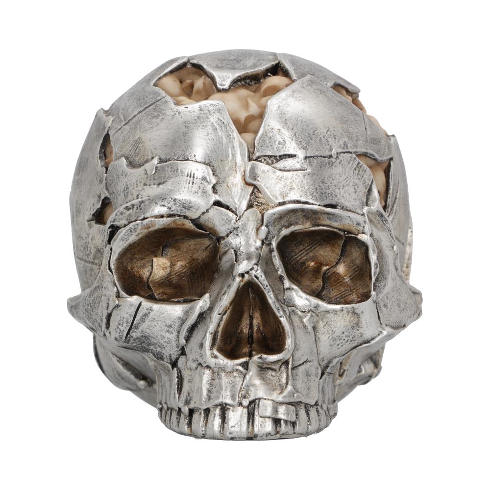 A fractured looking skull with brain showing is on a white background. With hollowed out eyes and nose and the top row of teeth showing this has a gothic feel to it.