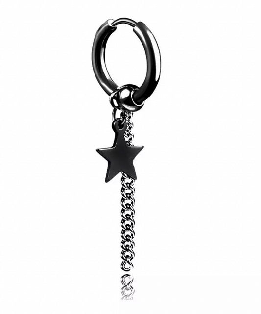 A ring shaped earring with a sleeper style for fastening to the ear. A Chain dangles from the earring and also seperately so does a star. The item is black in colour and lightweight to hold and wear.