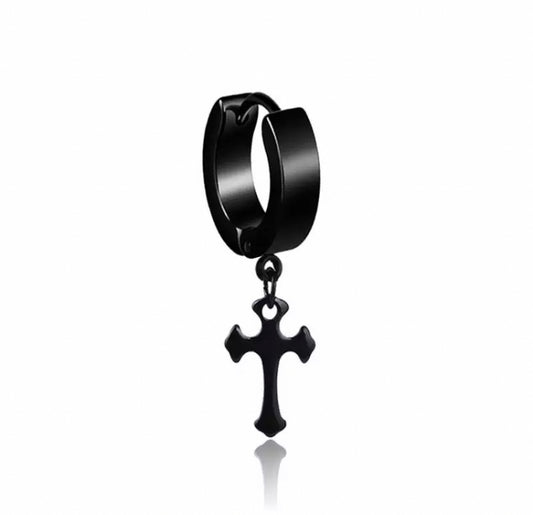 A black coloured round ring shaped earring is seen here. There is a black cross which hangs from the bottom of the earring. The item looks solid and of good quality and has a narrow strip in the ring which opens out to put the earring in the ear.