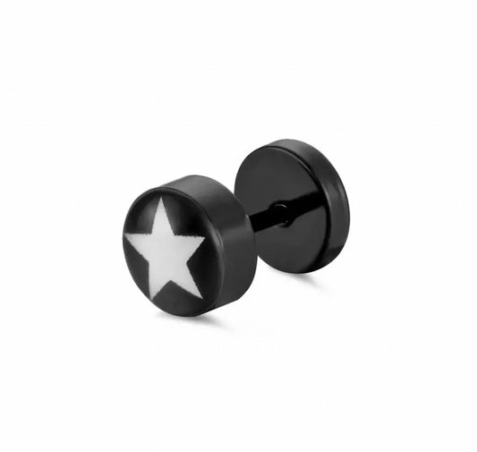 A black fake plug earring is on a white background. A white star is printed onto the end of it which covers most od the circular surface.