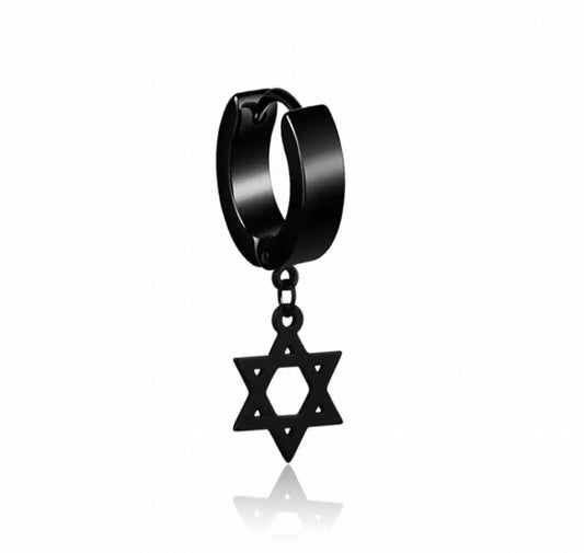 A black round ring shaped earring holds a star of david shape in the same colour which dangles by a small link. There is a narrow band on the earring for opening to put through the ear.