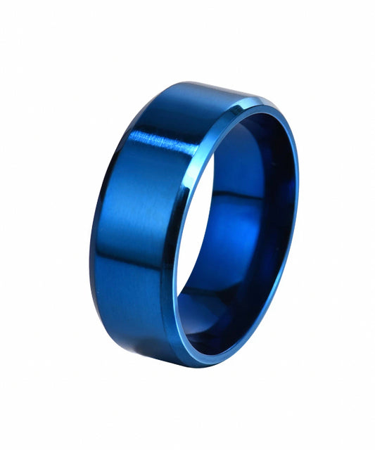 A bright blue plain banded ring is on a white background. It is shiny to look at with the light reflecting off of it.