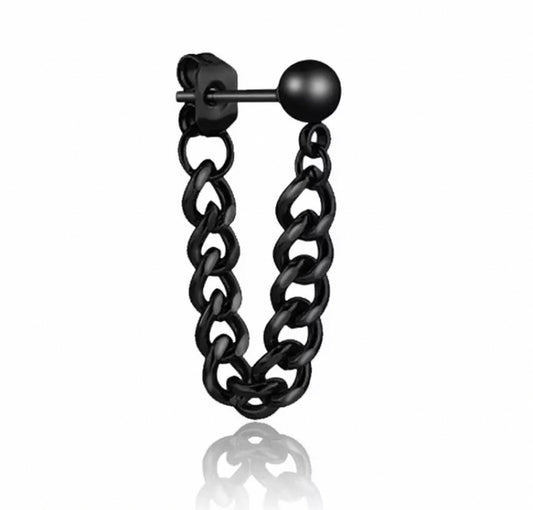 A black chain is attached to a stud earring with a butterfly back. The chain loops round as opposed to just hanging. The stud is a solid black ball shape.