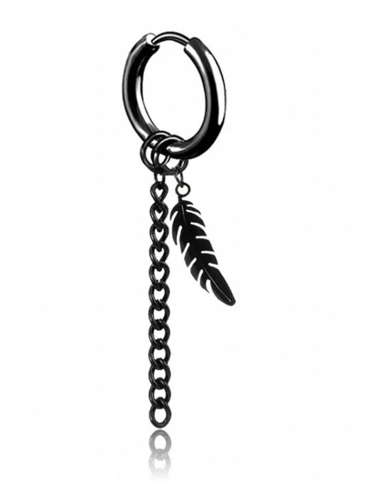 A hoop shaped sleeper earring with a link chain attached to it and then seperately a small black feather. This is all black in colour and shiny in appearance.
