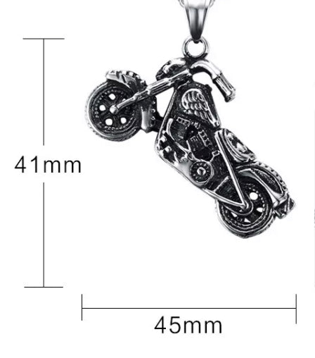 A plain white groundback shows off a side view of a motorcycle pendant. This includes a scale showing the dimensions of the item which are 41mm in height and 45mm in width. 