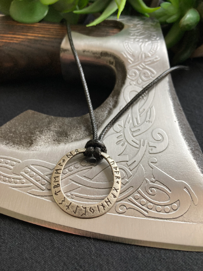 Talisman Viking Futhark Runes Norse Ring Pendant with Black Cord