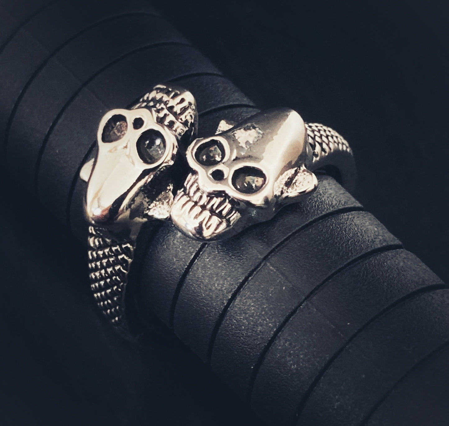 Wrapped around a black object is a two headed skull ring. One head faces one way with the other the opposite way but also next to each other. The sides of the ring are patterned and the skulls are detailed in their features.