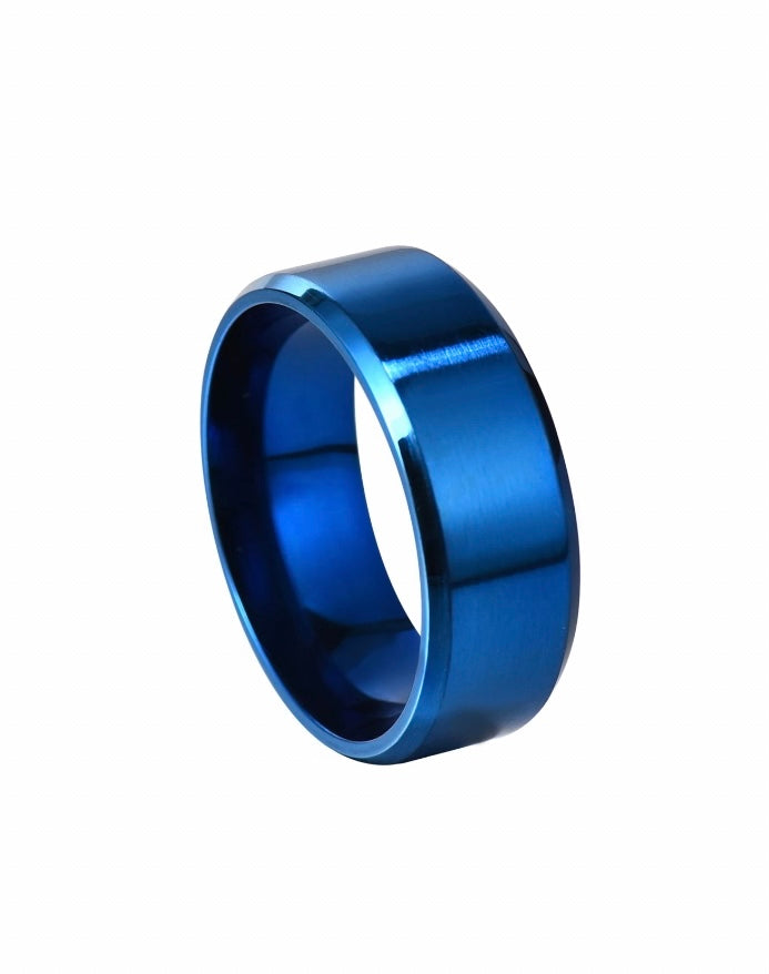 A band style ring that is a bright blue colour both outside and inside of the item. It is a solid stainless steel but very light in weight. 