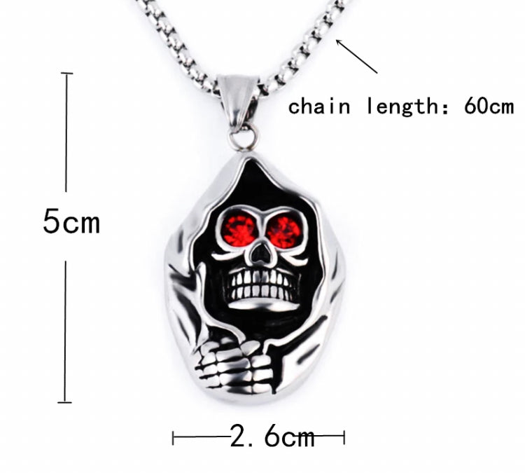 A plain white background shows off a scale of a skull pendant with the dimensions shown. The chain length is listed as 60cm with the pendant height being 5cm and width of 2.6cm