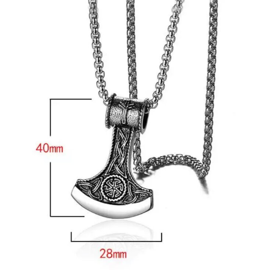 A plain white background is the setting for an image of a axe head pendant on a chain. The scale of the item is shown on here and details the axe as being 40mm in length and 28mm wide.