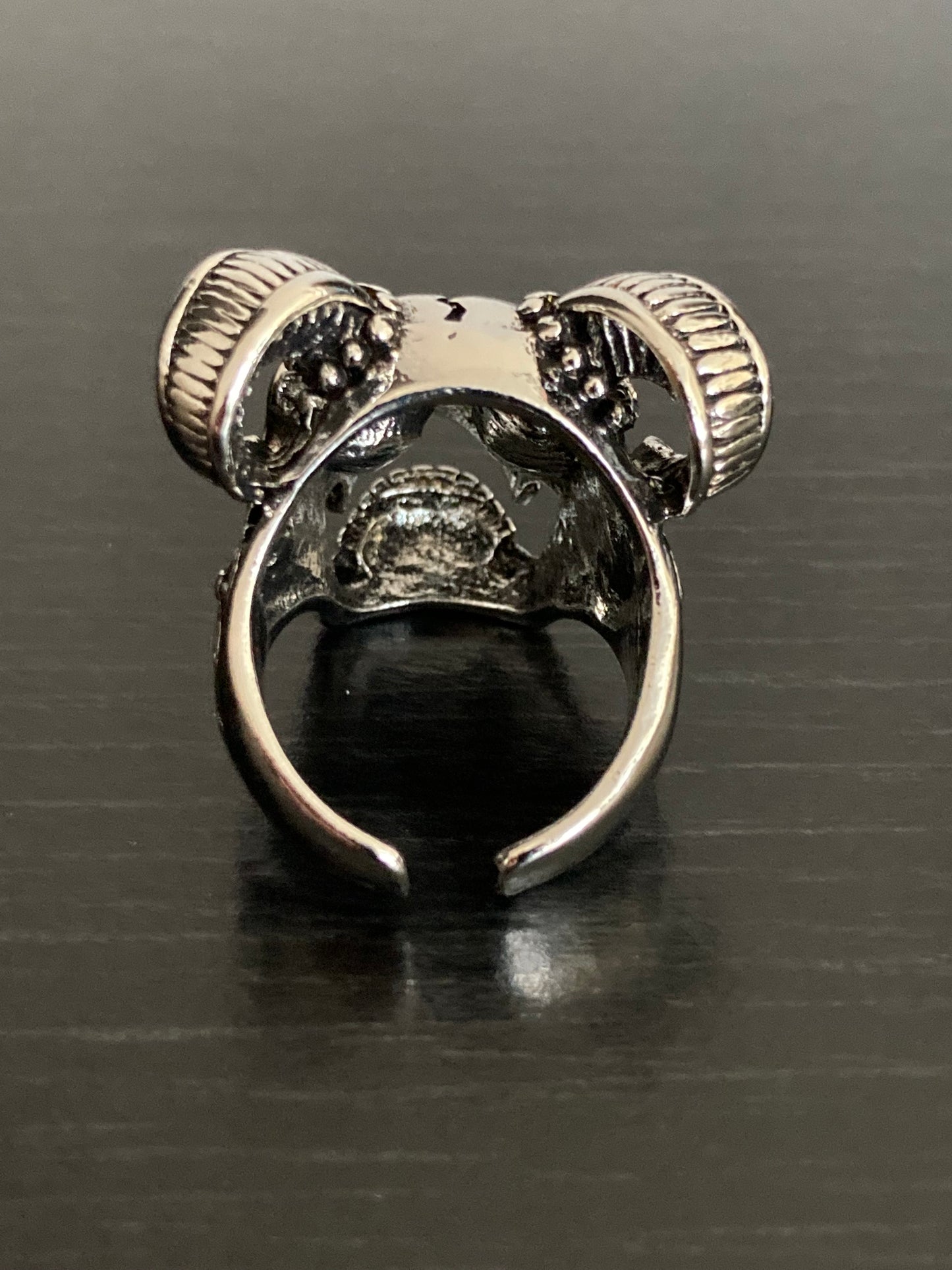 The reverse side of a skull ring that is silver in colour. There is a narrow band at the back which allows for the ring to be adjustable. 