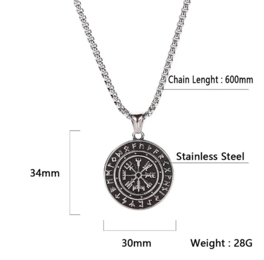 Scaled image of the necklace with size guide showing length, weight and width in mm of the chain and also the actual pendant itself. Weight is shown as 28 Grams whilst chain is 600mm long.