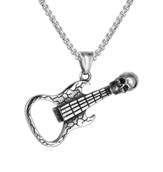 A necklace is attached to a guitar shaped pendant with the wide end being a bottle opener. The string end features a skull and the whole piece is silver in colour.