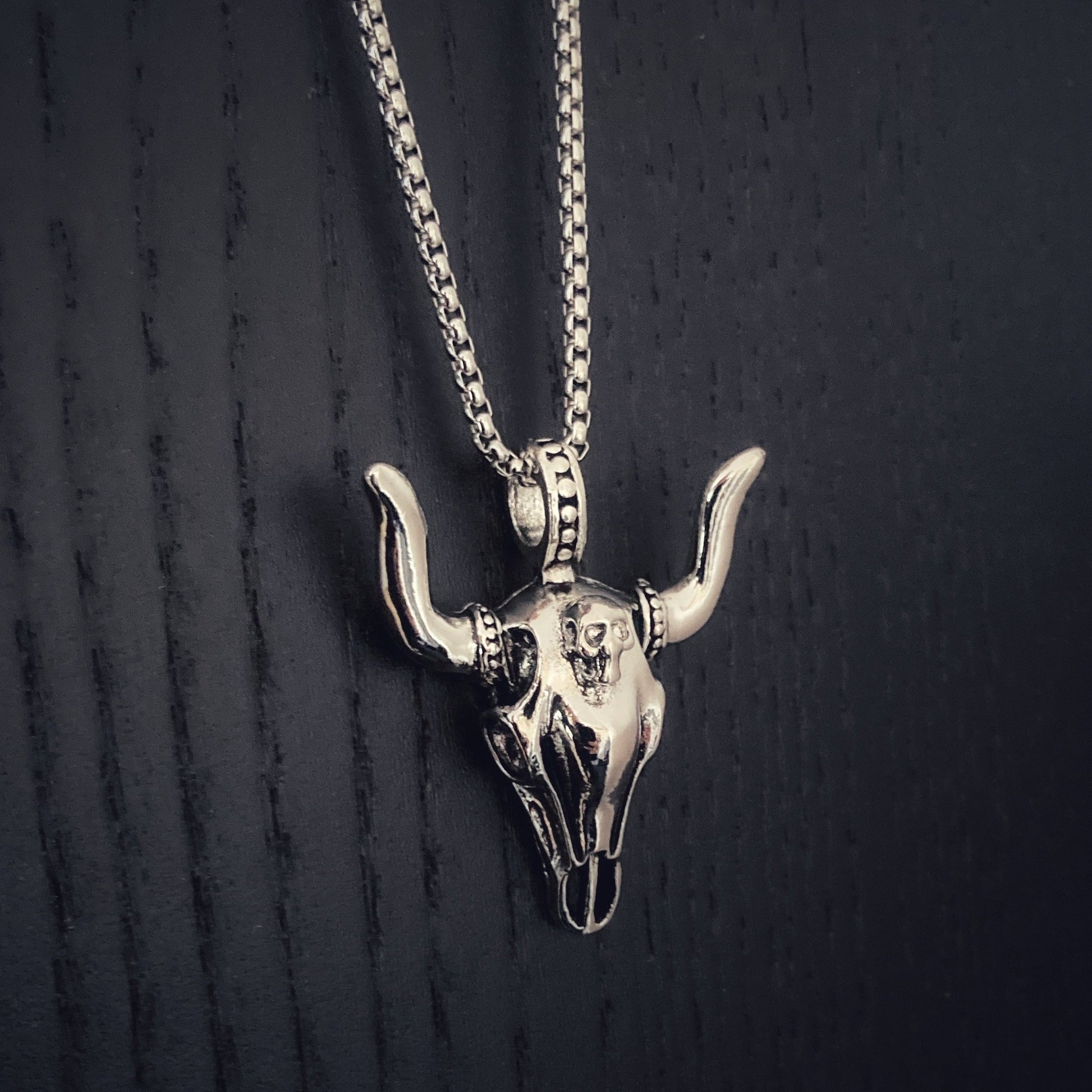 Hanging on a black background is a bulls skull pendant. There are horns coming out the skull and detailed markings on it. Connected to a chain by a silver ring this necklace is lightweight to hold and wear.