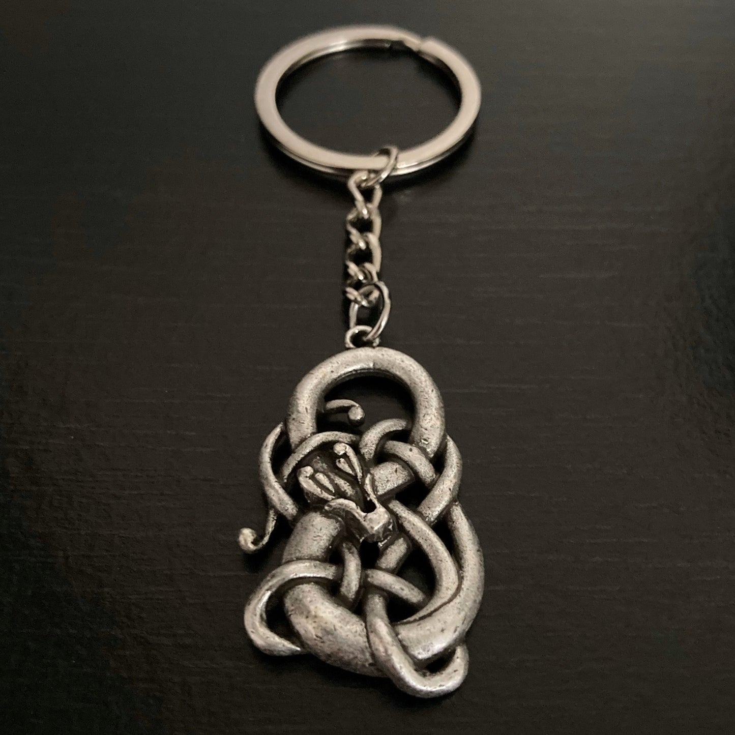 A silver coloured keyring with a infinity symbol hanging by a chain from the ring part. There is a snake wrapped around the infinity symbol.