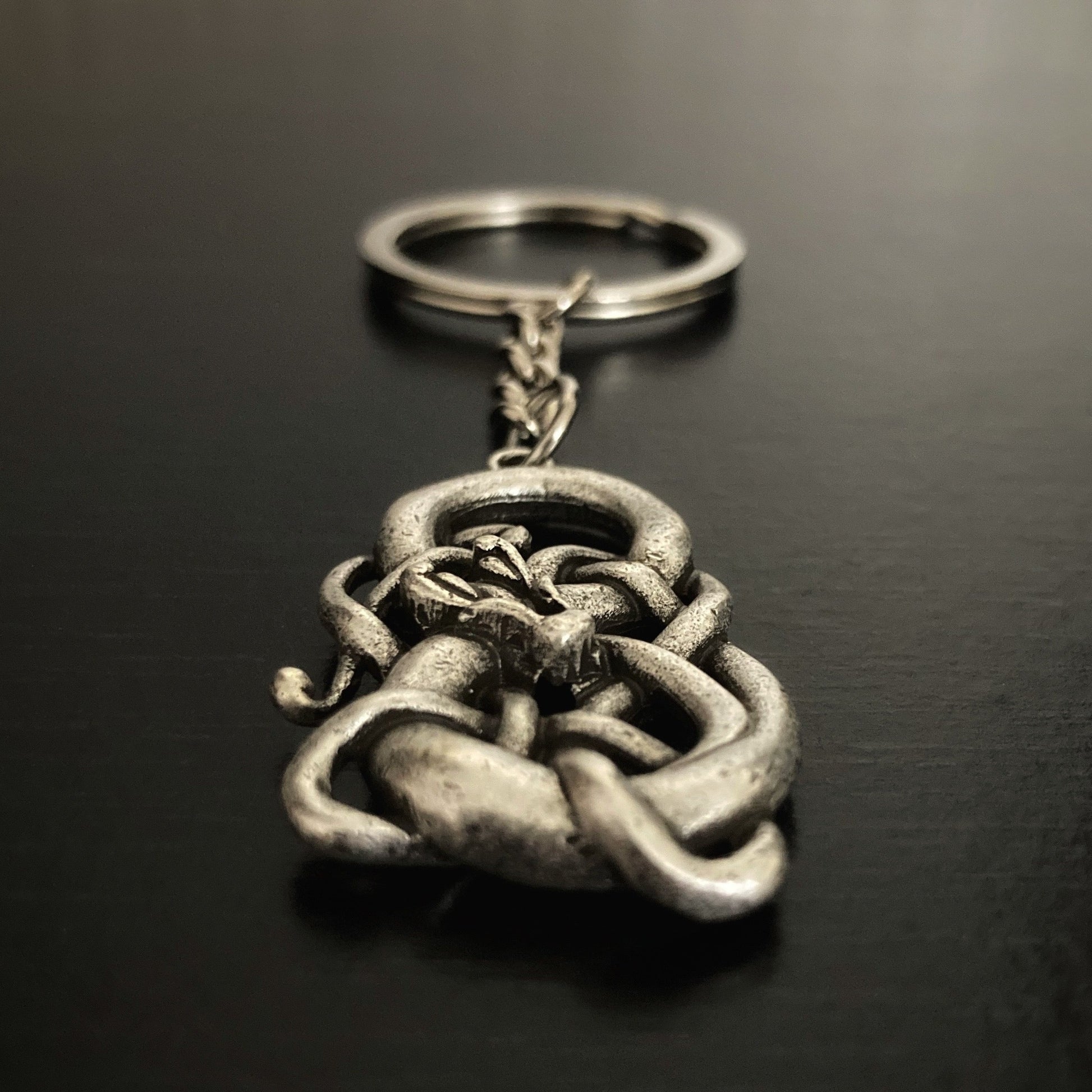 A front on view of a stainless steel infinity sign which has a snake wrapped around it. Attached to this is a small link chain and then a ring for attaching keys to it.