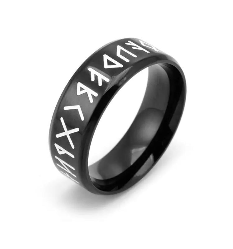 White rune letters adorn the outer part of a black ring that is shiny in appearance. Made from stainless steel this ring looks and feels like a good quality product. 